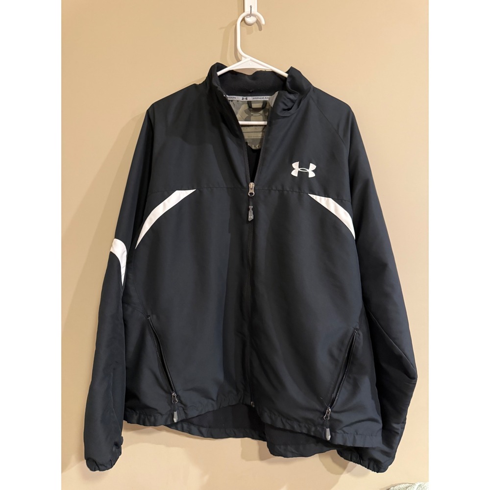 Under Armour Mens Black White Athletic Track Jacket Full Zip Size LG